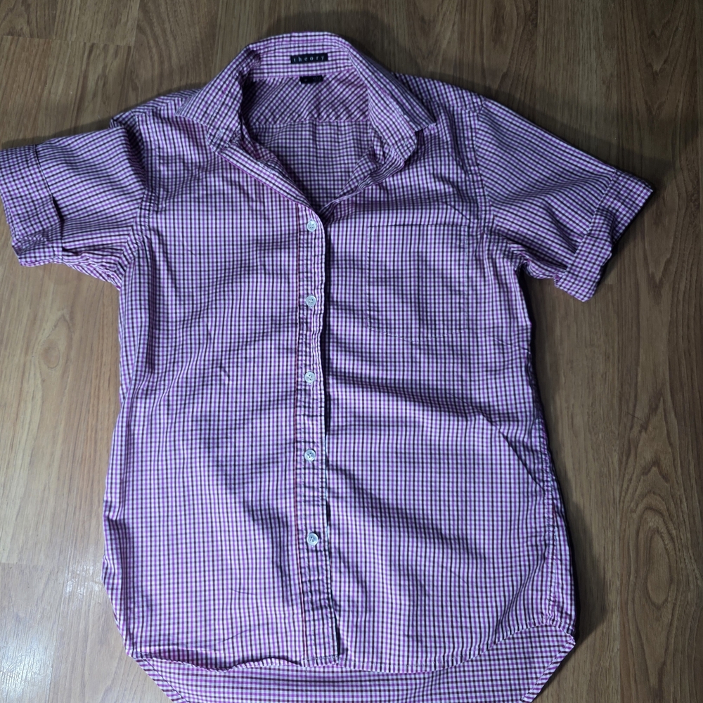 Theory Pink Gingham Button-Down Shirt